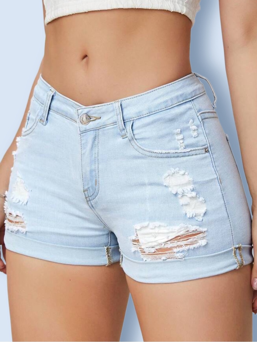 Distressed Ripped Rolled Hem Denim Shorts Light Wash Cuffed Stretch XS 2 NWT Y2K